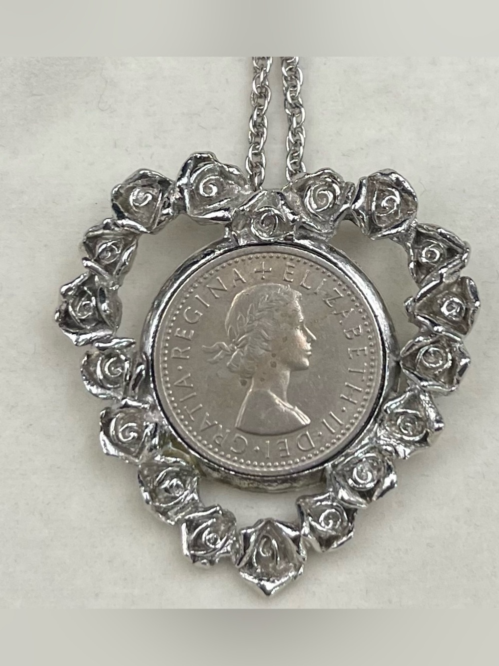 VTG 1967 Lucky Sixpence Heart Rose Coin Necklace Last Mint Year!